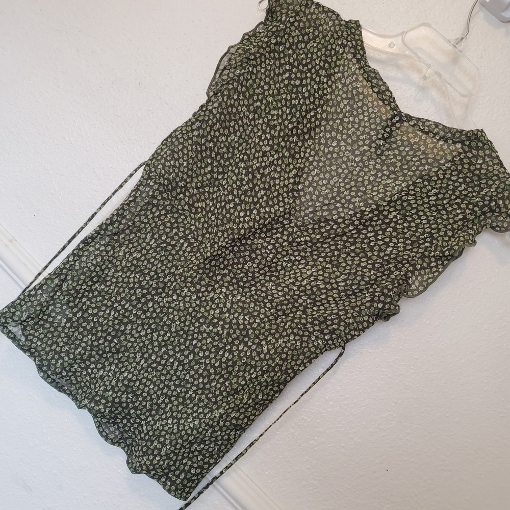 Forever 21 Sheer Floral V-Neck Blouse Green Ruffle Sleeve Side Tie Top F1187-P - Picture 8 of 12